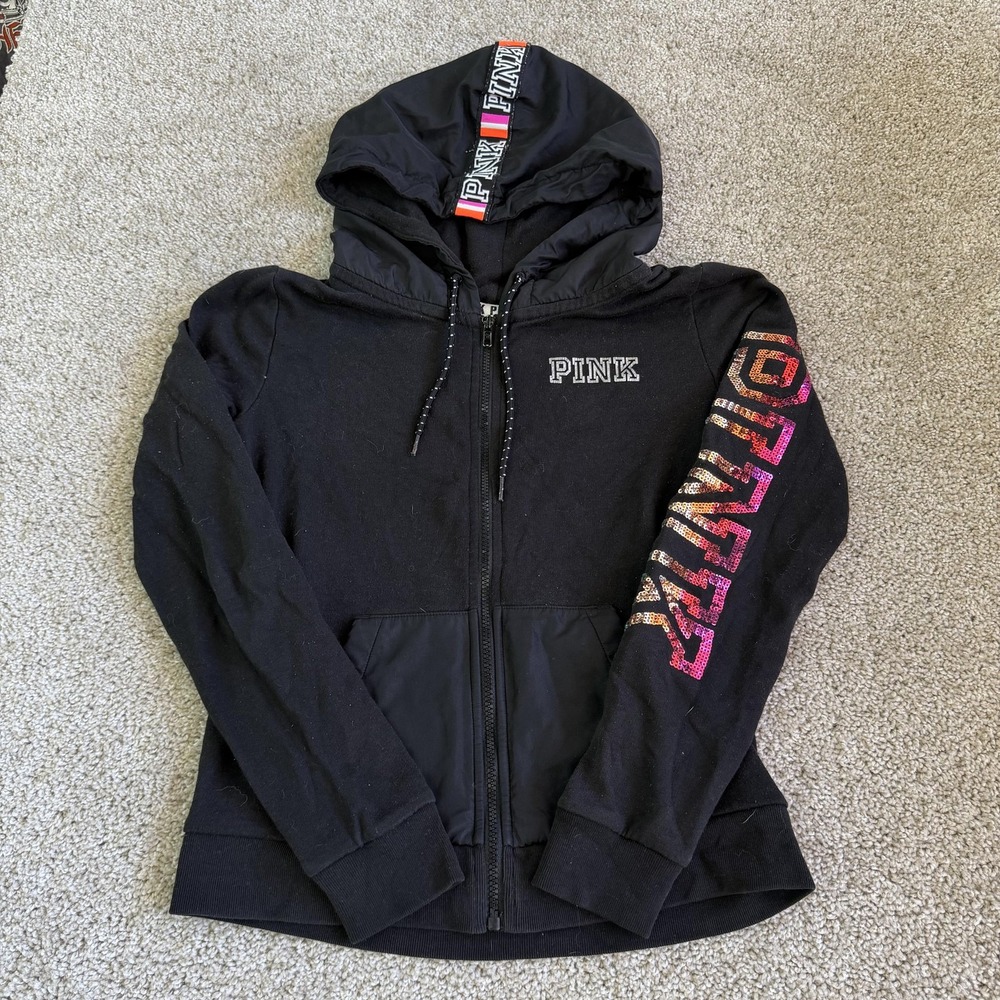 PINK Victoria's Secret Hoodie Womens Small Black Fleece Full Zip Sequin Logo
